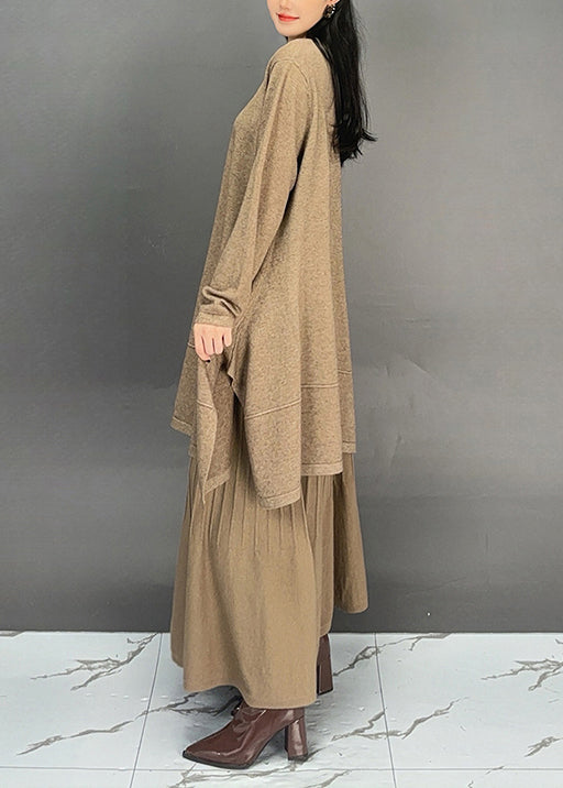Khaki O Neck Cotton Two Pieces Set Fall