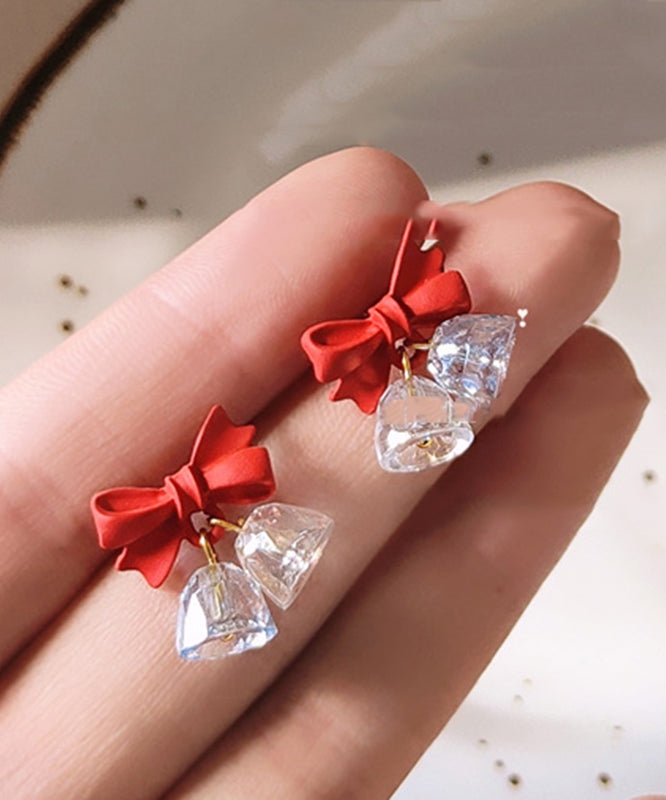 Red Sterling Silver Crystal Bow Bell Drop Earrings