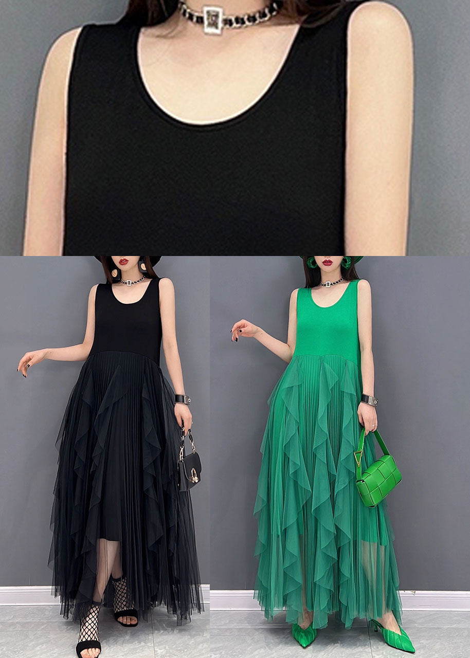 Green Tulle Patchwork Cotton Fitted Dresses O-neck Sleeveless