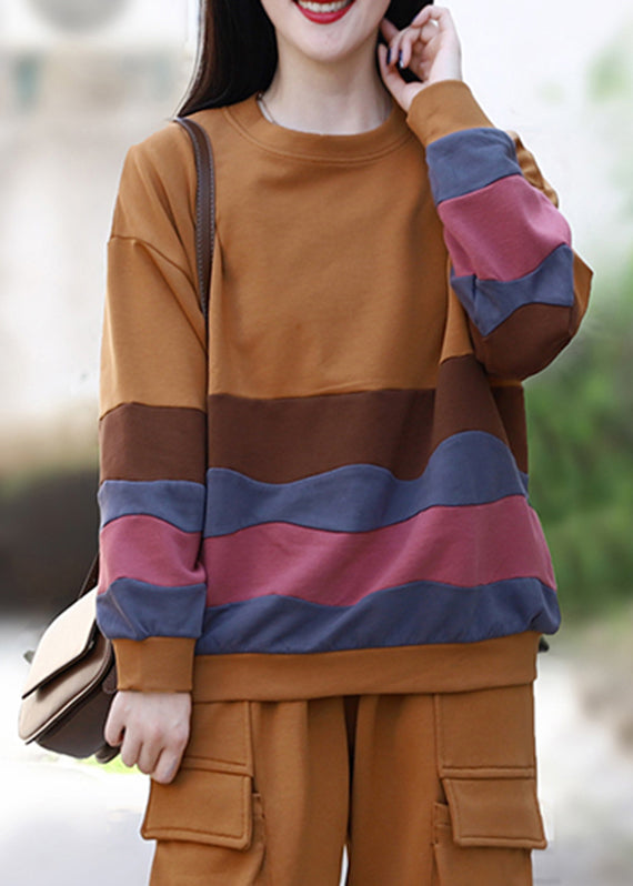 Yellow O-neck Striped Patchwork Top Long Sleeve
