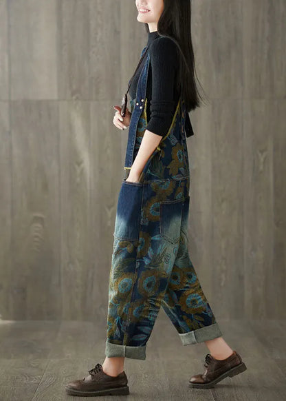 Navy Pockets Print Jeans Jumpsuit Spring