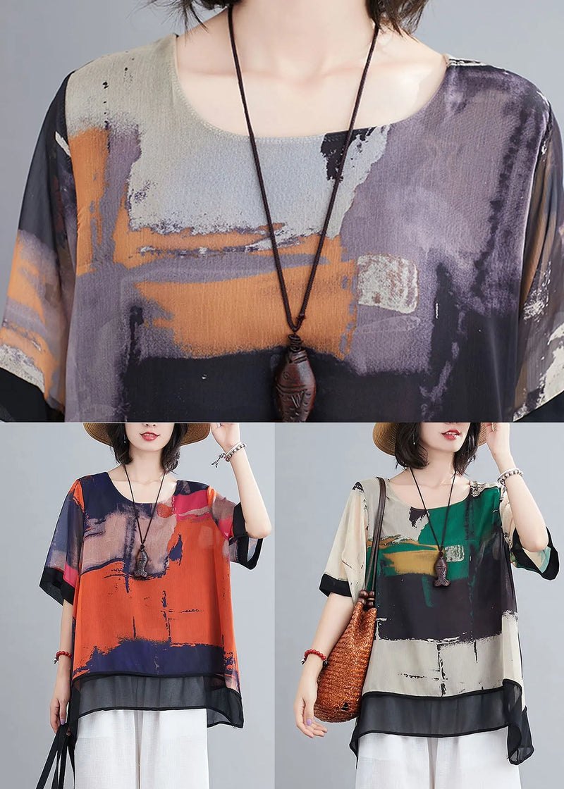 Green Asymmetrical Design Print Chiffon Tank Tops Short Sleeve