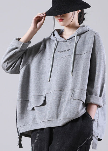 Comfy Grey Hooded Drawstring Graphic Fall Patchwork Sweatshirts Top