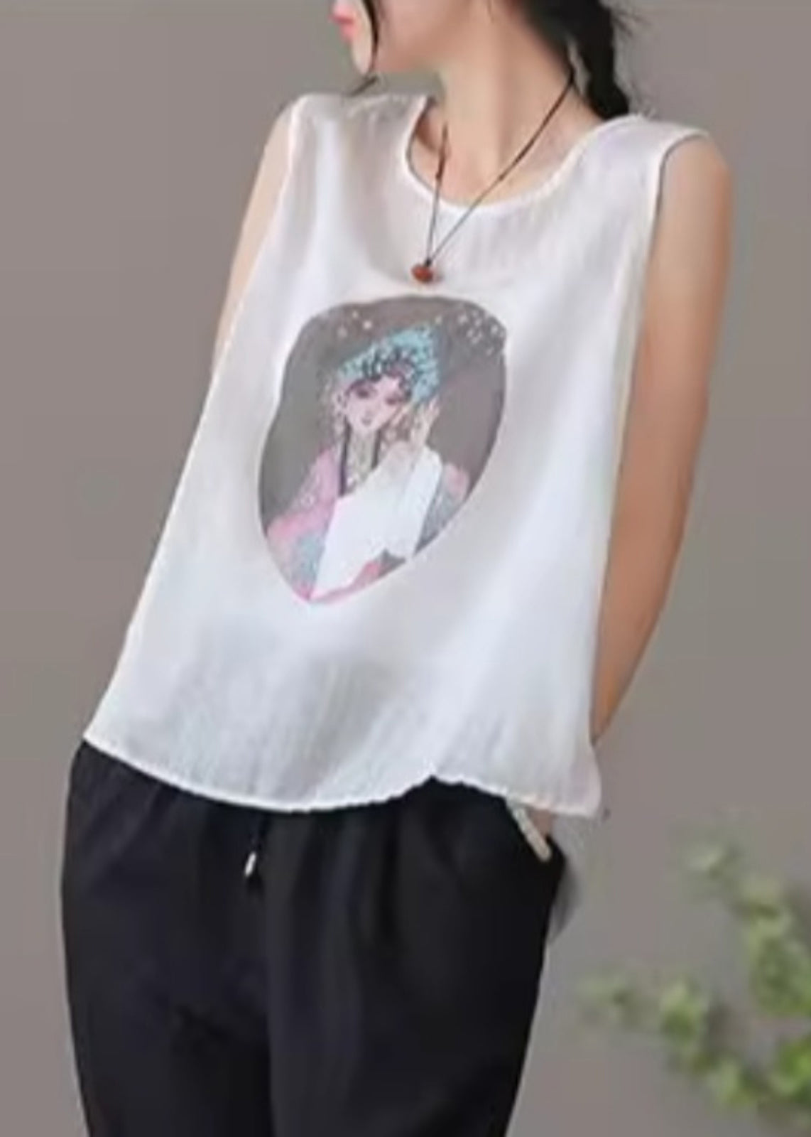 Loose Apricot O-neck Print Linen Tank Sleeveless
