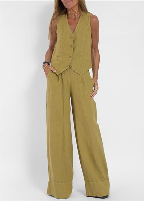 Olive Green Pockets Linen Two Pieces Set V Neck Summer