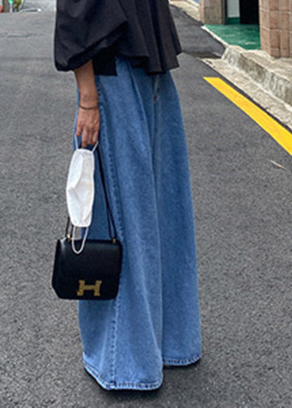 Organic Denim Blue Zip Up Pockets Wide Leg Pants Summer