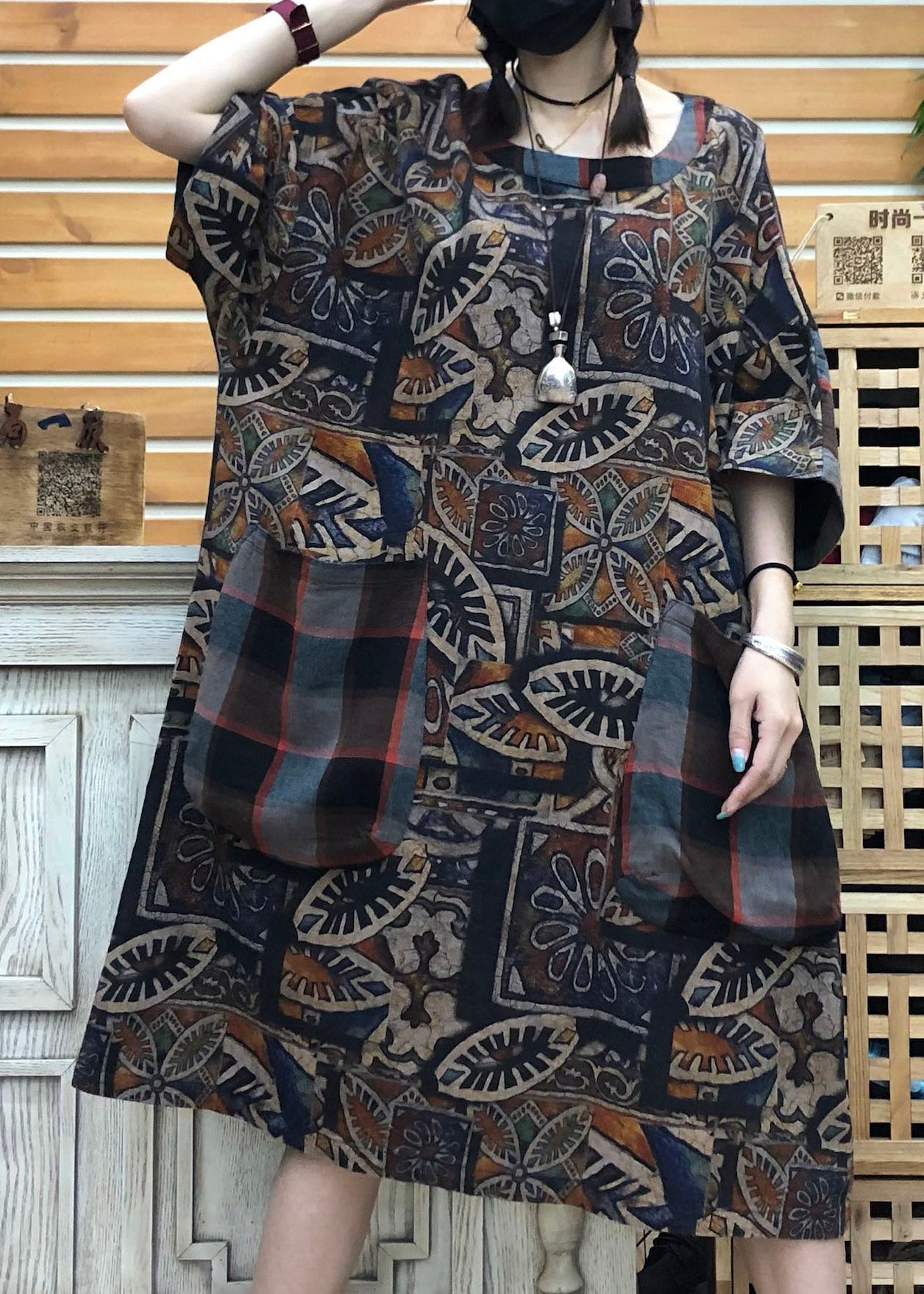 Original Design Chocolate O-neck Print Patchwork Pockets Linen Dress Half Sleeve