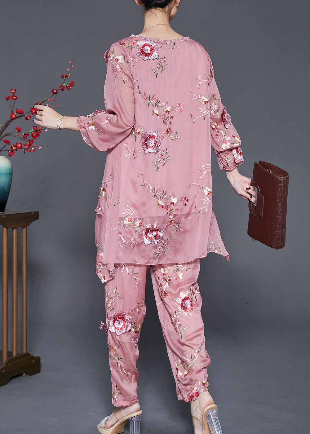 Simple Pink Asymmetrical Design Embroidered Silk Two Pieces Set Spring