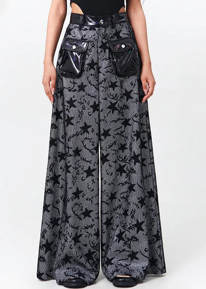 Black Pockets Patchwork Denim Wide Leg Pants Spring