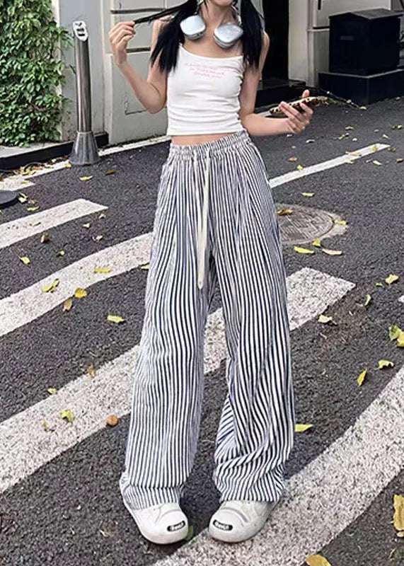 Blue Striped Elastic Waist Cotton Wide Leg Pants Summer
