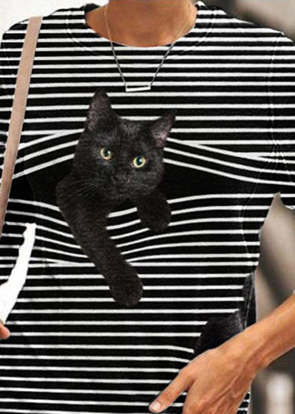 Black Whiet Striped Cat Print O-neck Long Sleeve T-shirts