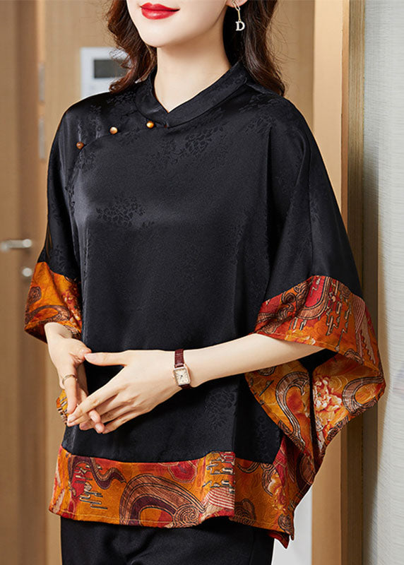 Green Polka Dots Mandarin Collar Asymmetrical Patchwork Jacquard Silk Shirts Batwing Sleeve