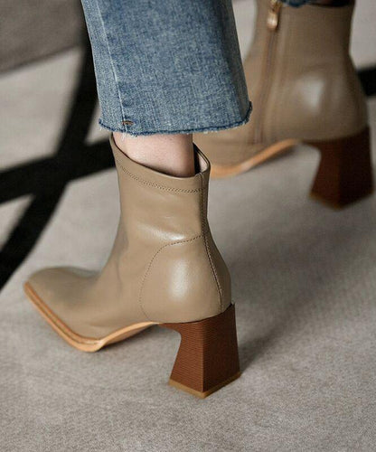 Khaki Zippered Faux Leather Boots High Heels