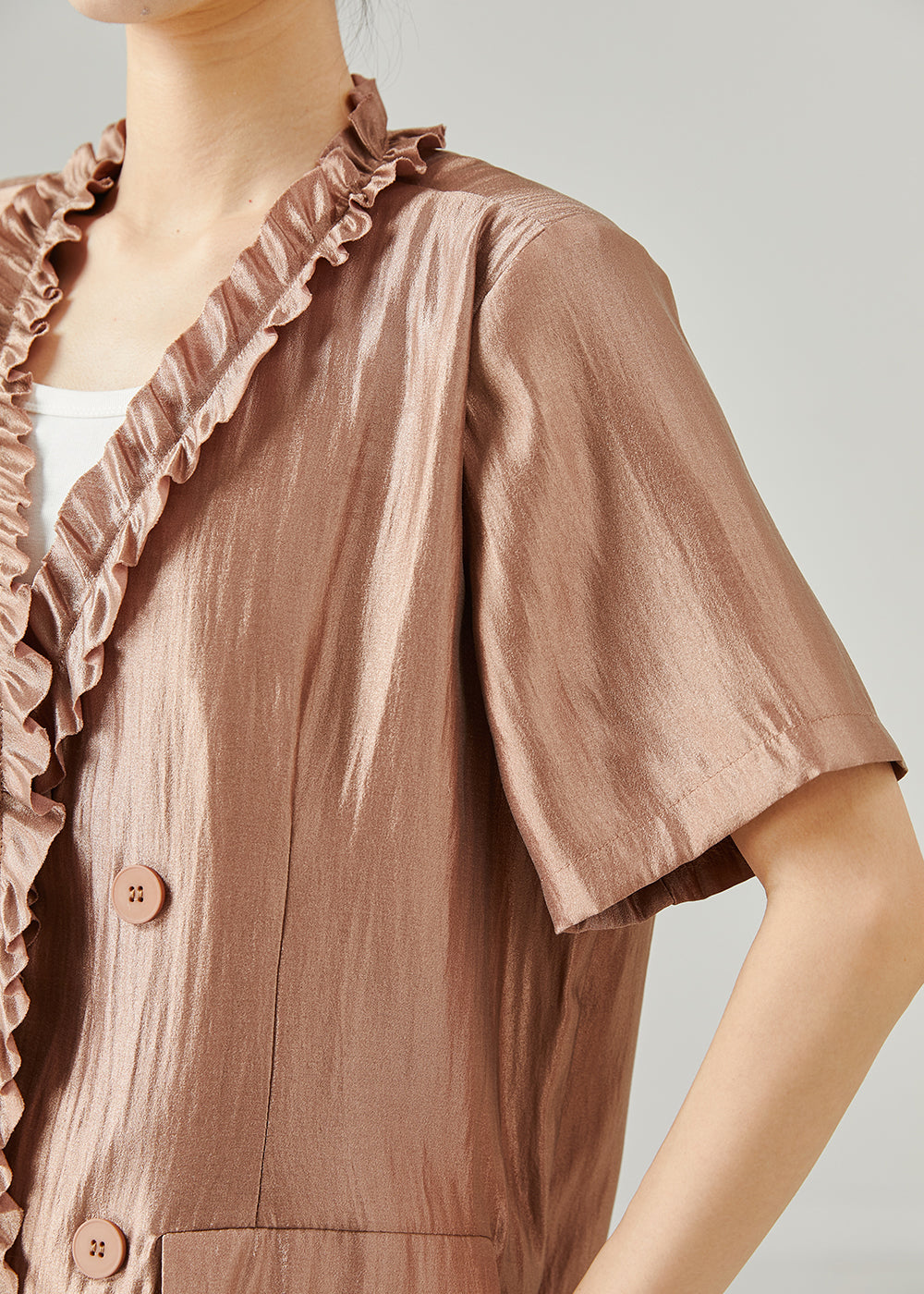 Stylish Brown Ruffled Silk Sets 2 Pieces Summer