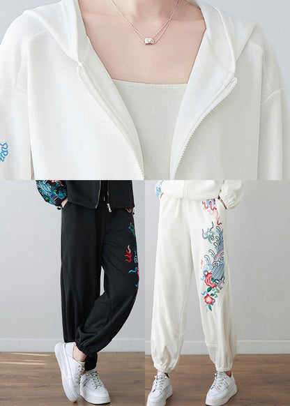 Black Embroideried Pockets Elastic Waist Pants Fall