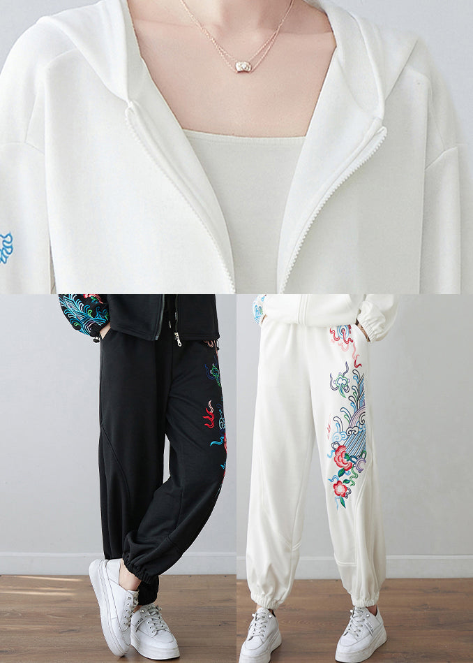 Black Embroideried Pockets Elastic Waist Pants Fall