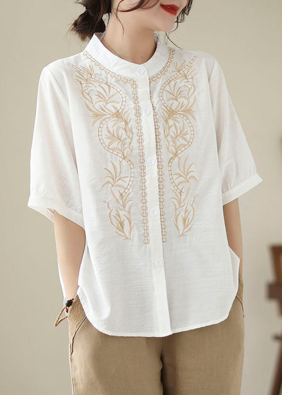 White Patchwork Cotton Blouses Stand Collar Summer