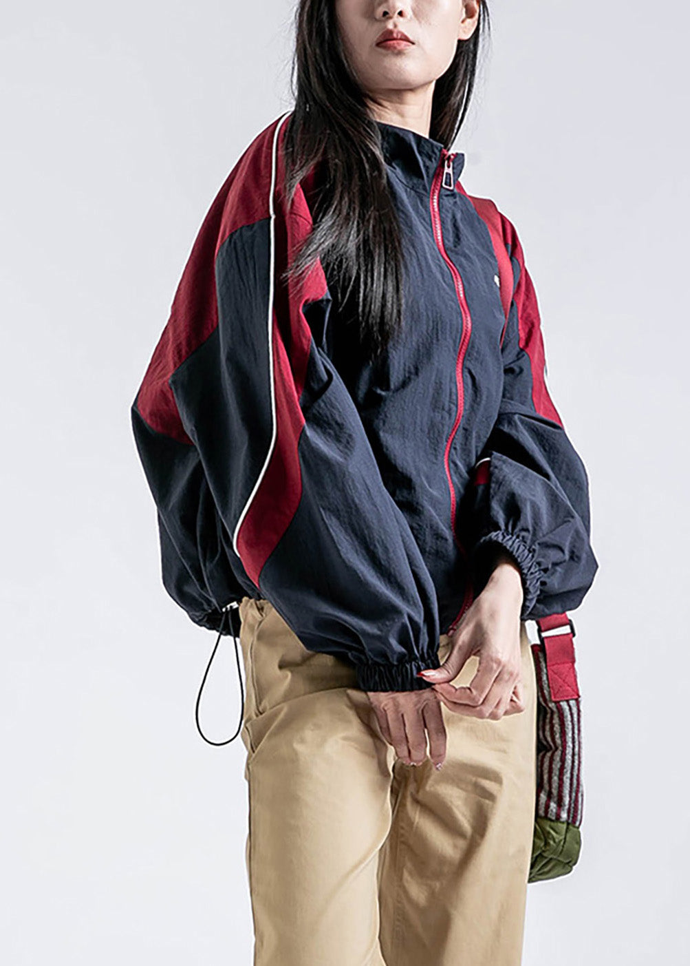 Red Zip Up Pockets Drawstring Patchwork Coat Fall