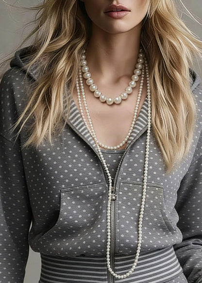 Grey Dot Zippered Pockets Hooded Coats Long Sleeve