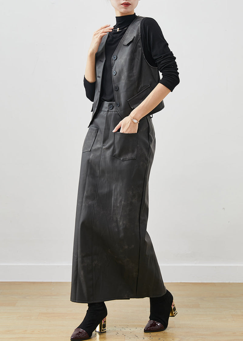 Black Silm Fit Faux Leather Two Piece Set Clothing Pockets Winter