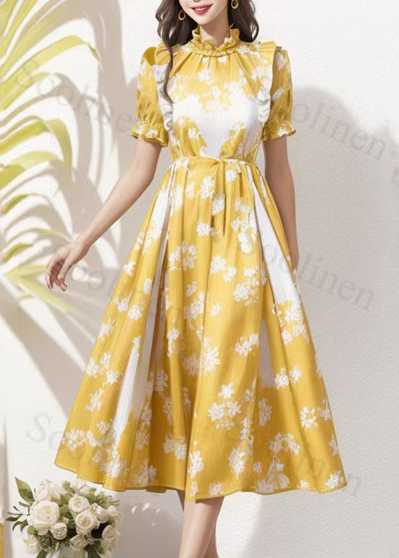 Yellow Stand Collar Tie Waist Silk Maxi Dresses Short Sleeve