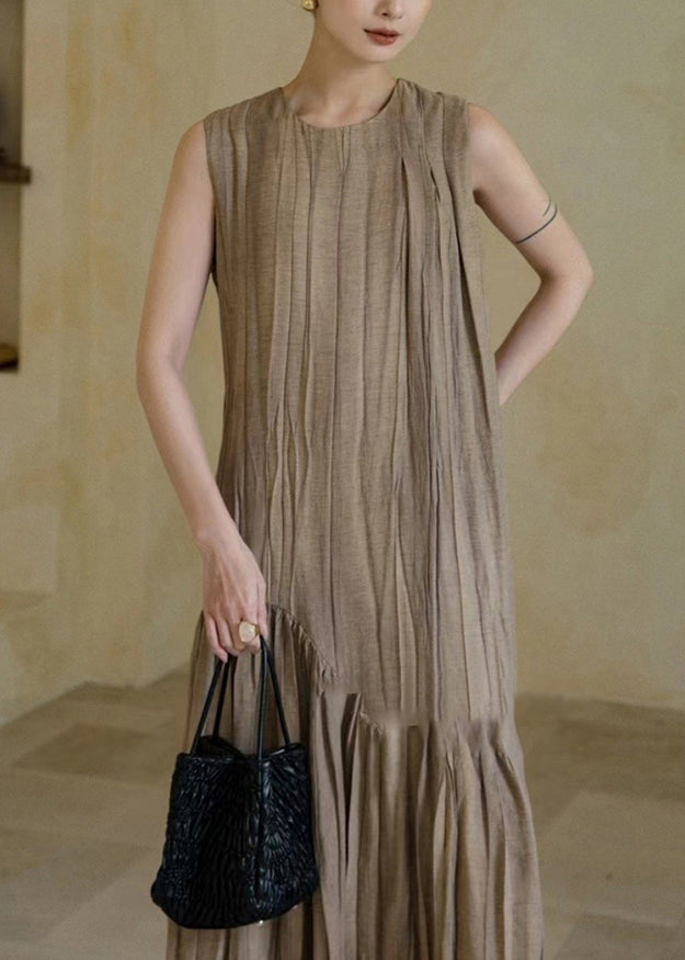 New Khaki Wrinkled Patchwork Cotton Long Dresses Sleeveless