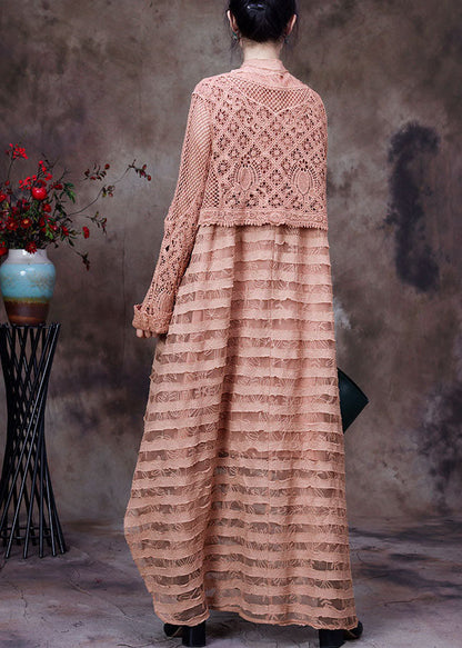 Khaki Hollow Out Side Open Dresses Two Pieces Set Spring