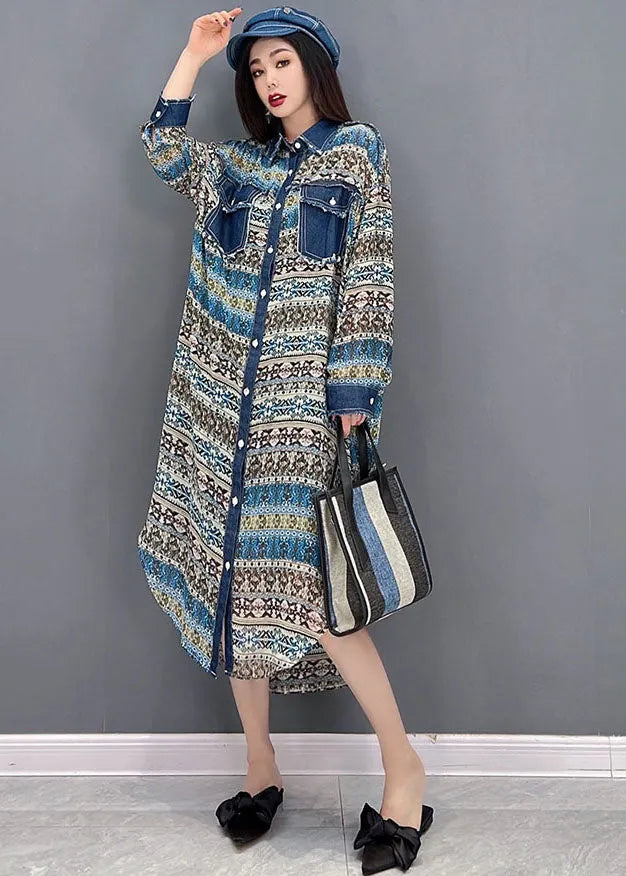 Blue Peter Pan Collar Denim Patchwork Chiffon Shirt Dress Long Sleeve