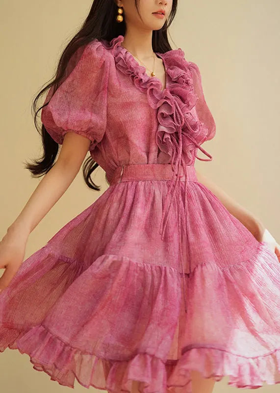 Vogue Red V Neck Ruffled Shirts and Skirts Two Piece Set Summer