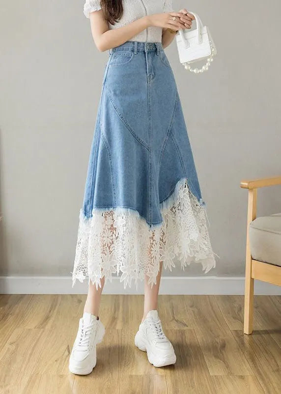 Light Blue Asymmetrical Design Lace Patchwork Denim Skirt Spring