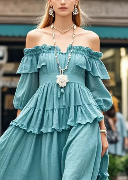 Blue Ruffled Cold Shoulder Cotton Dress Summer