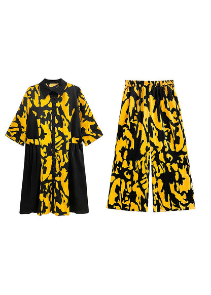 Yellow Peter Pan Collar Patchwork Silk Shirt Wide Leg Pants Two Pieces Set Spring