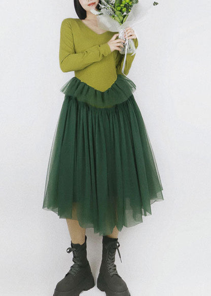 Green V Neck Patchwork Tulle Exra Large Hem Cotton Long Dress Long Sleeve