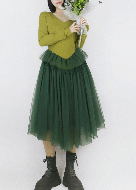 Green V Neck Patchwork Tulle Exra Large Hem Cotton Long Dress Long Sleeve