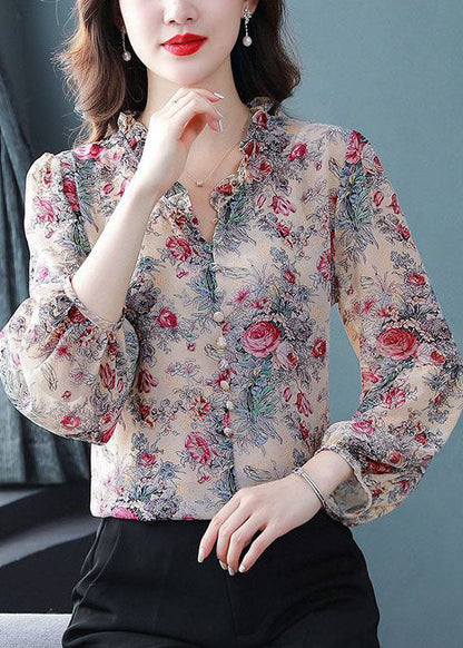 Purple Ruffled Print Chiffon Shirts Spring