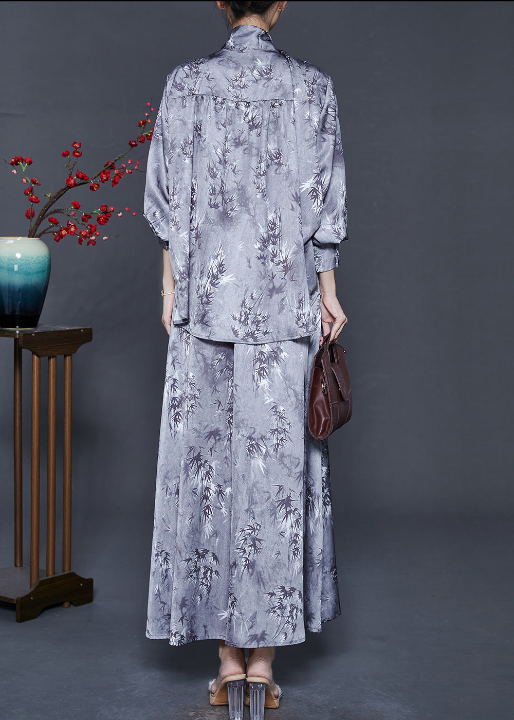Style Grey V Neck Print Silk Two Piece Set Clothing Fall