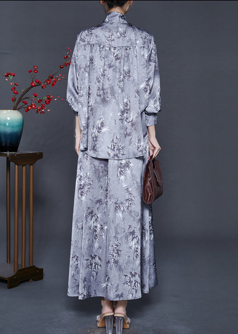Style Grey V Neck Print Silk Two Piece Set Clothing Fall