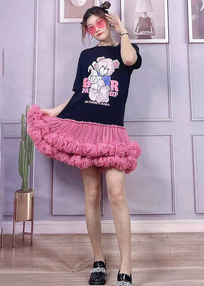 Black O-neck Bear Applique Tulle Patchwork Cotton Pleated Dress Short Sleeve
