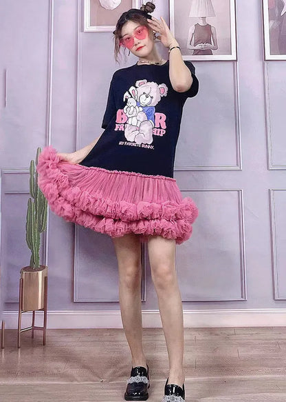 Black O-neck Bear Applique Tulle Patchwork Cotton Pleated Dress Short Sleeve
