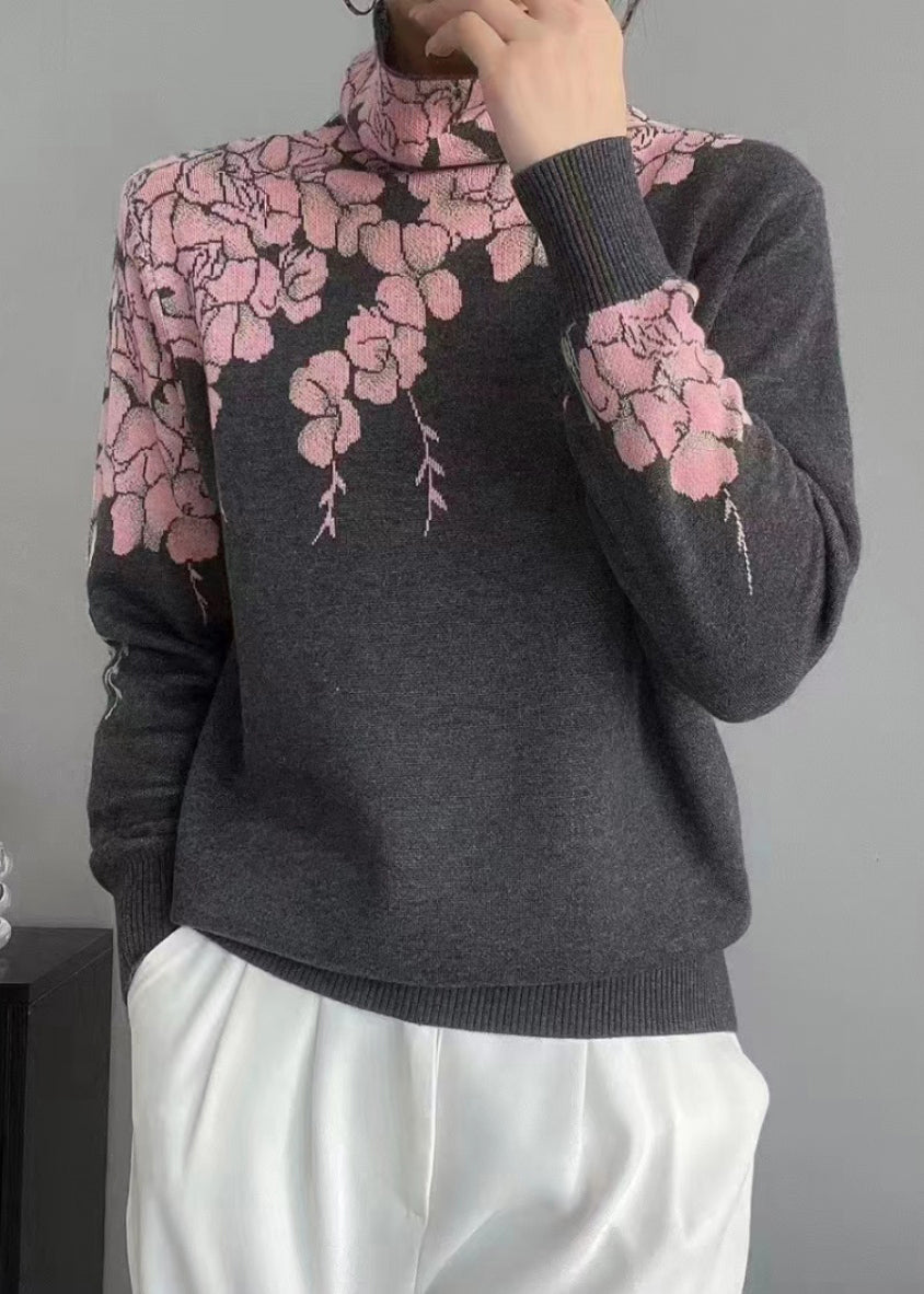 New Grey Turtleneck Patchwork Wool Knit Top Long Sleeve Winter
