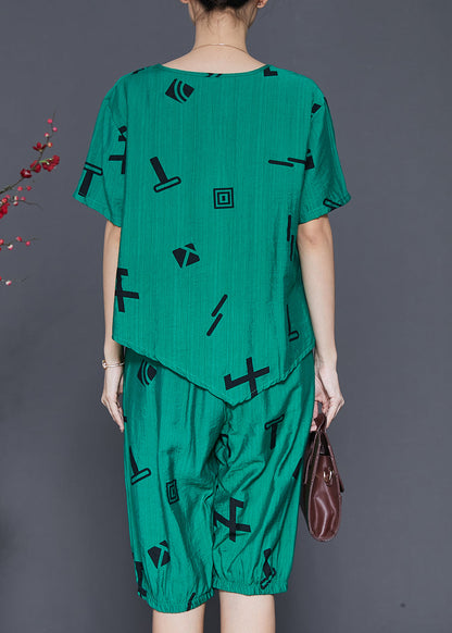 Green Print Linen Two Pieces Set Asymmetrical Summer