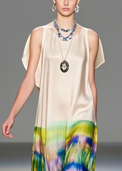 Unique Apricot Cold Shoulder Tie Dye Silk Long Dresses Sleeveless