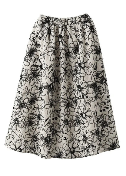 Beige Wrinkled Embroideried Linen Skirt Summer