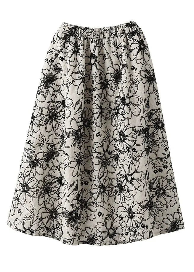 Beige Wrinkled Embroideried Linen Skirt Summer