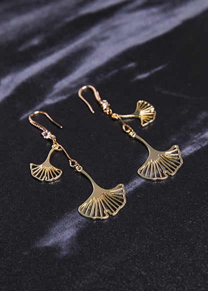 Ginkgo Leaf 14k Gold Zircon Drop Earrings