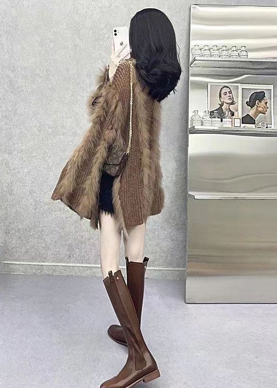 Brown O Neck Fox Hair Patchwork Knit Sweaters Winter