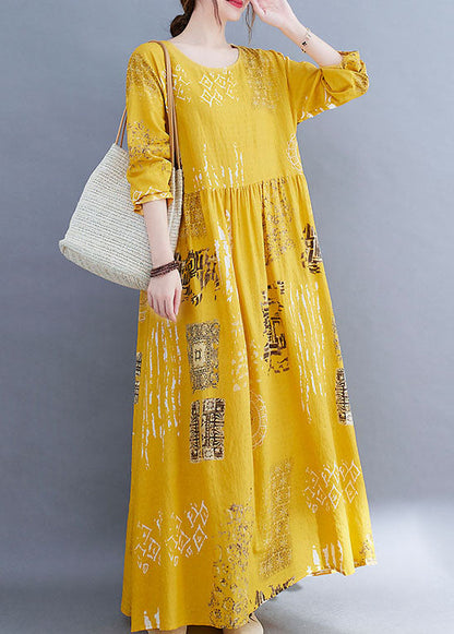 Modern Yellow O-neck Button Print Dress Spring