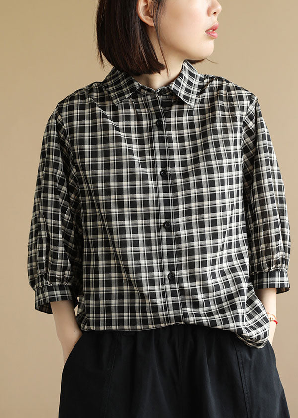 Black Peter Pan Collar Plaid Cotton Shirt Top Bracelet Sleeve Summer