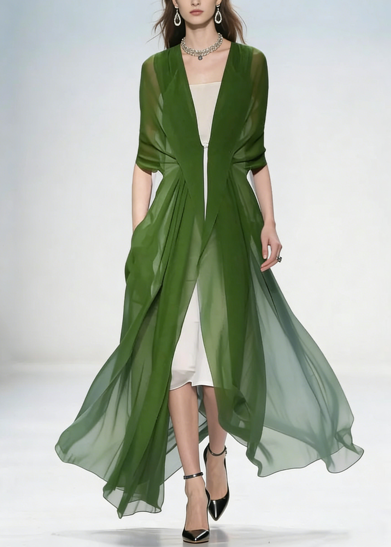Italian Green Silk Dress Long Sleeves Summer