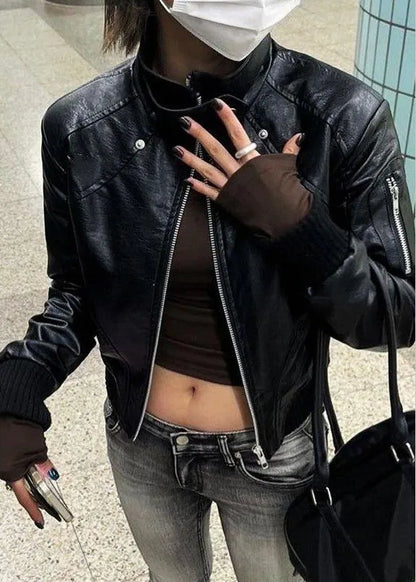 Black Zip Up Patchwork Faux Leather Coats Spring